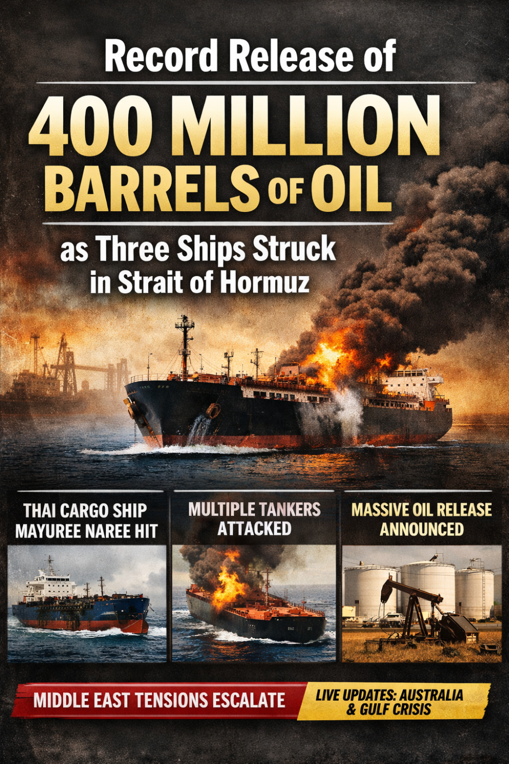मध्य पूर्व तनाव: 40 करोड़ बैरल तेल जारी करने का रिकॉर्ड निर्णय, होर्मुज़ जलडमरूमध्य में तीन जहाज़ों पर हमला