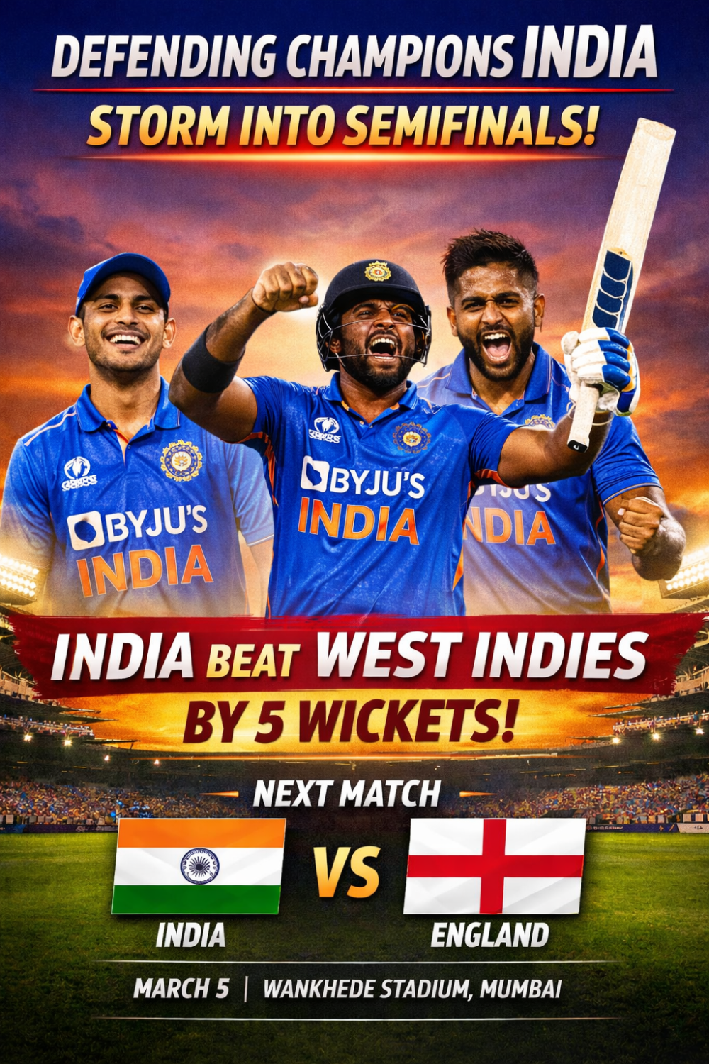 गत विजेता भारत सेमीफाइनल में, वेस्टइंडीज को पांच विकेट से हराया