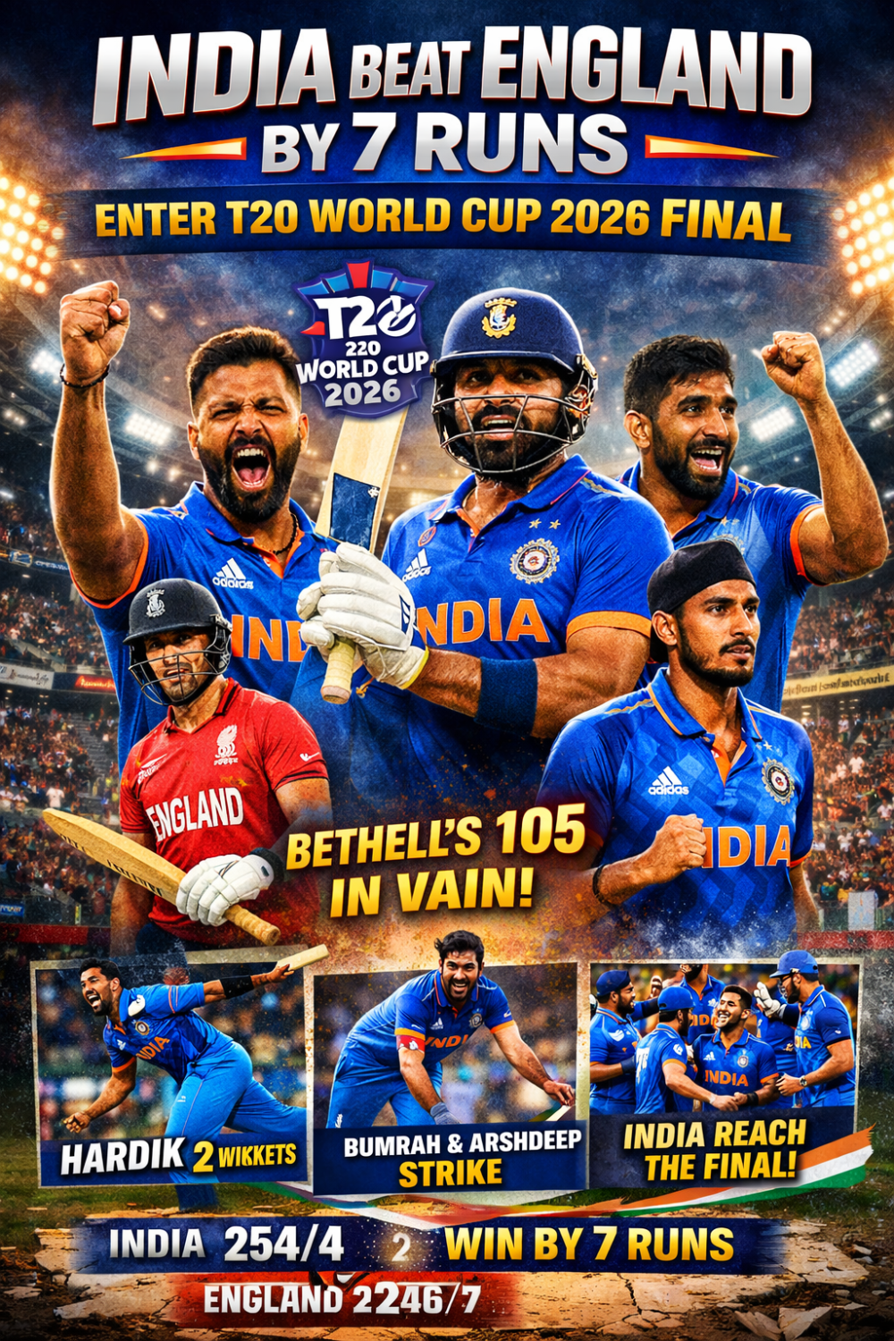 भारत ने रोमांचक मुकाबले में इंग्लैंड को 7 रन से हराया, टी20 वर्ल्ड कप फाइनल में बनाई जगह