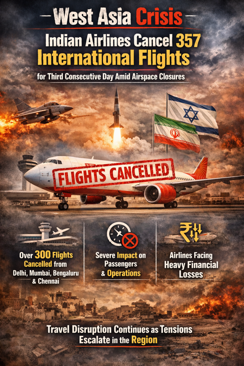 पश्चिम एशिया संकट: भारतीय एयरलाइनों ने 357 अंतरराष्ट्रीय उड़ानें रद्द कीं, लगातार तीसरे दिन परिचालन बाधित