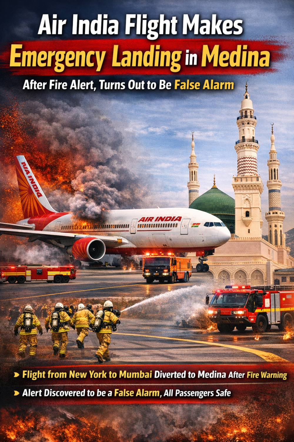 एअर इंडिया की फ्लाइट में आग का अलर्ट, मदीना में इमरजेंसी लैंडिंग — जांच में अलर्ट निकला फर्जी