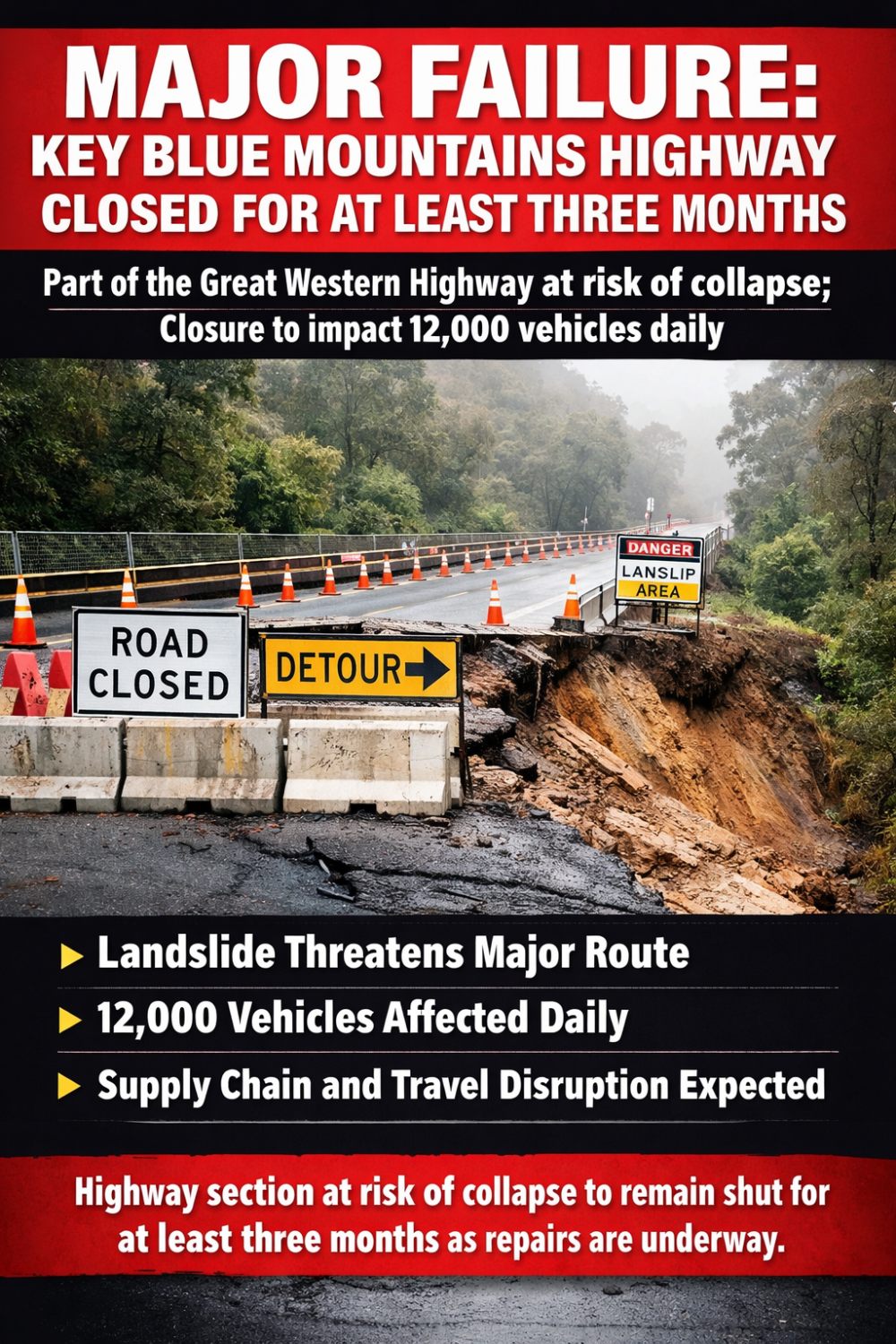 ब्लू माउंटेन्स में बड़ा सड़क संकट: ग्रेट वेस्टर्न हाईवे का हिस्सा ढहने के खतरे में, कम से कम तीन महीने रहेगा बंद