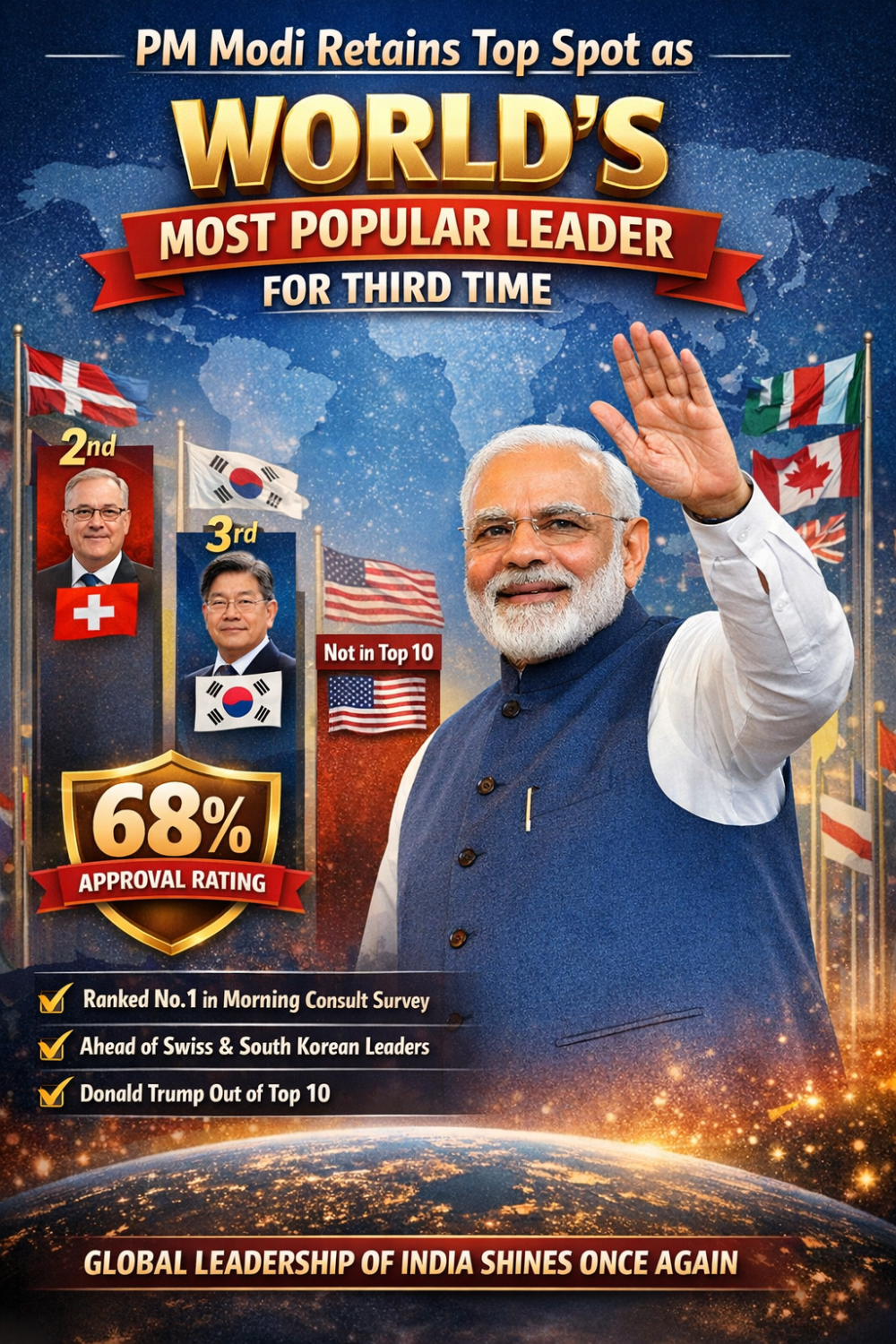 पीएम मोदी तीसरी बार बने दुनिया के सबसे लोकप्रिय नेता, वैश्विक रैंकिंग में कायम दबदबा
