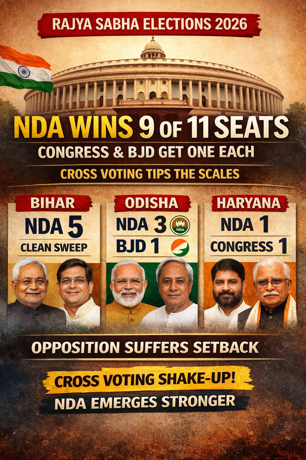 राज्यसभा चुनाव 2026: क्रॉस वोटिंग से बदले समीकरण, एनडीए को 9 सीटें; कांग्रेस और बीजद को एक-एक
