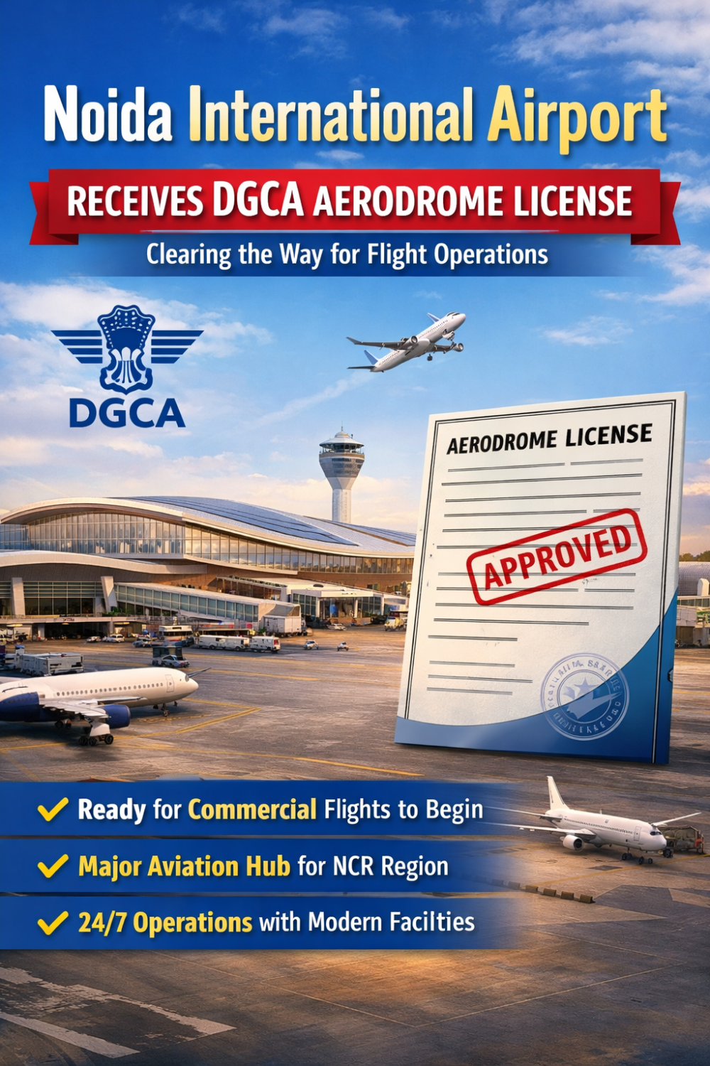 नोएडा इंटरनेशनल एयरपोर्ट को मिला एयरोड्रोम लाइसेंस, उड़ान संचालन का रास्ता साफ