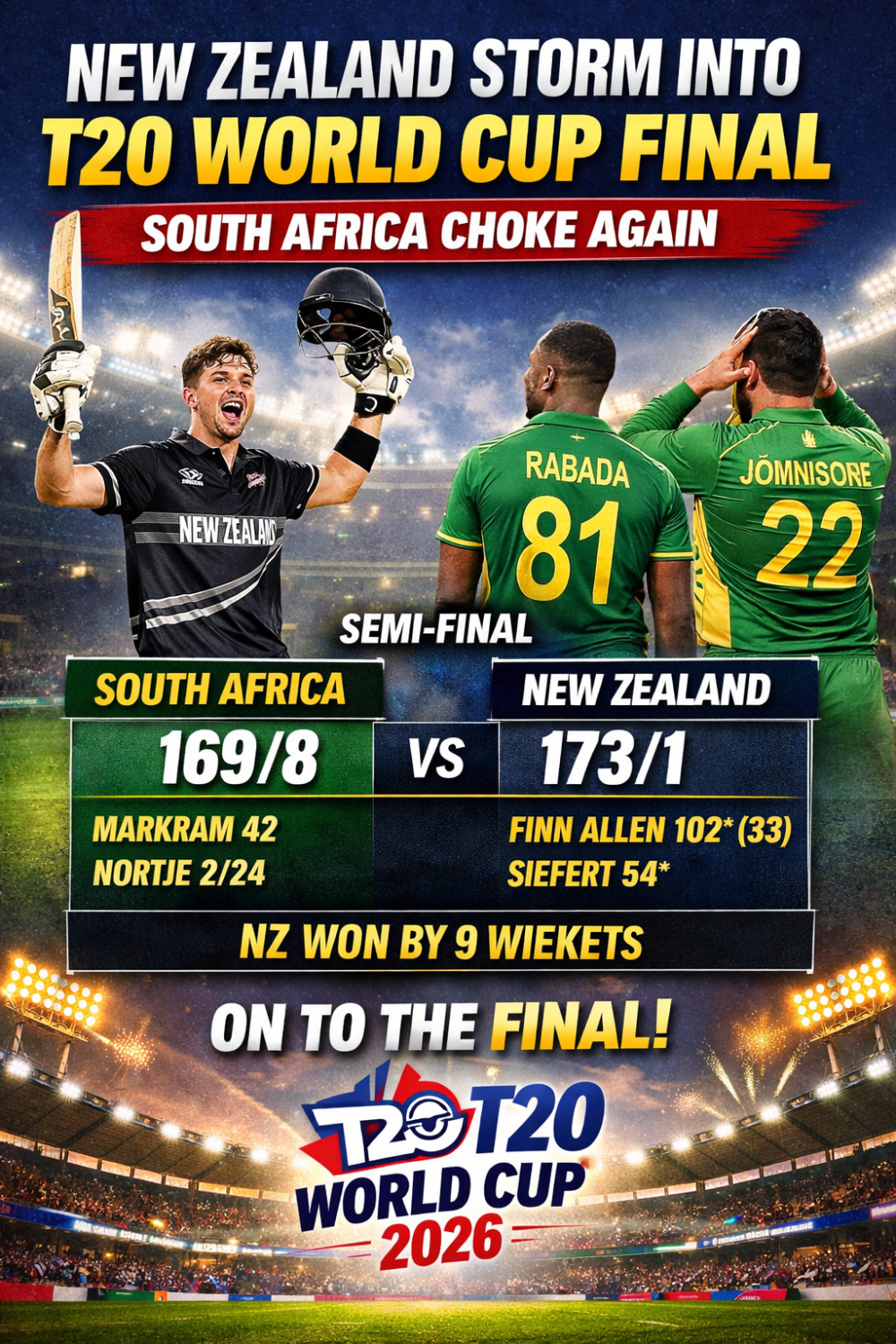 न्यूजीलैंड टी20 वर्ल्ड कप फाइनल में, दक्षिण अफ्रीका फिर से ‘चोक’