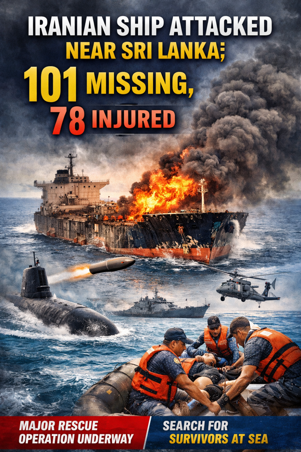 श्रीलंका के पास ईरानी जहाज पर कथित पनडुब्बी हमला, 101 लोग लापता, 78 घायल