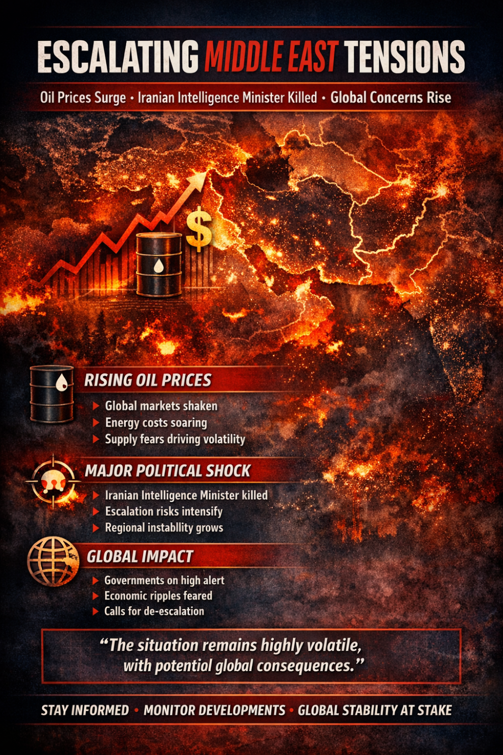 मध्य पूर्व में तनाव गहराया: तेल कीमतों में उछाल, ईरान में खुफिया मंत्री की हत्या, वैश्विक चिंताएँ बढ़ीं
