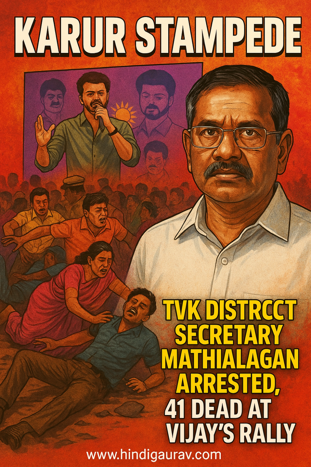 करूर भगदड़: टीवीके जिला सचिव मथियालगन गिरफ्तार, 41 लोगों की मौत